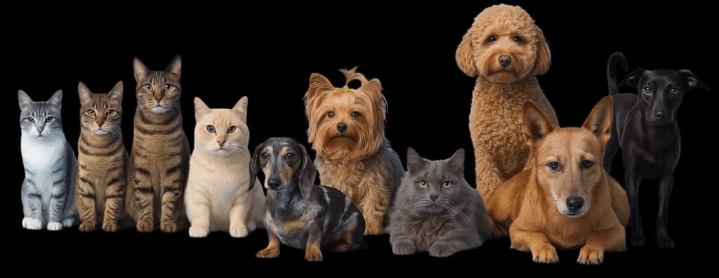 Happy cats and dogs sitting together